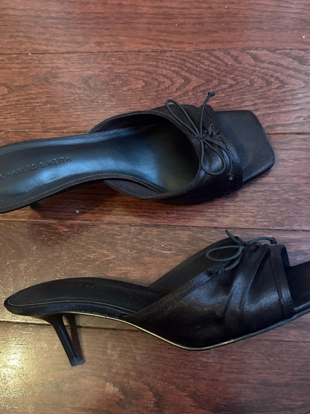 Charles & Keith Black Satin Knot Mule Heels with Kitten Heel